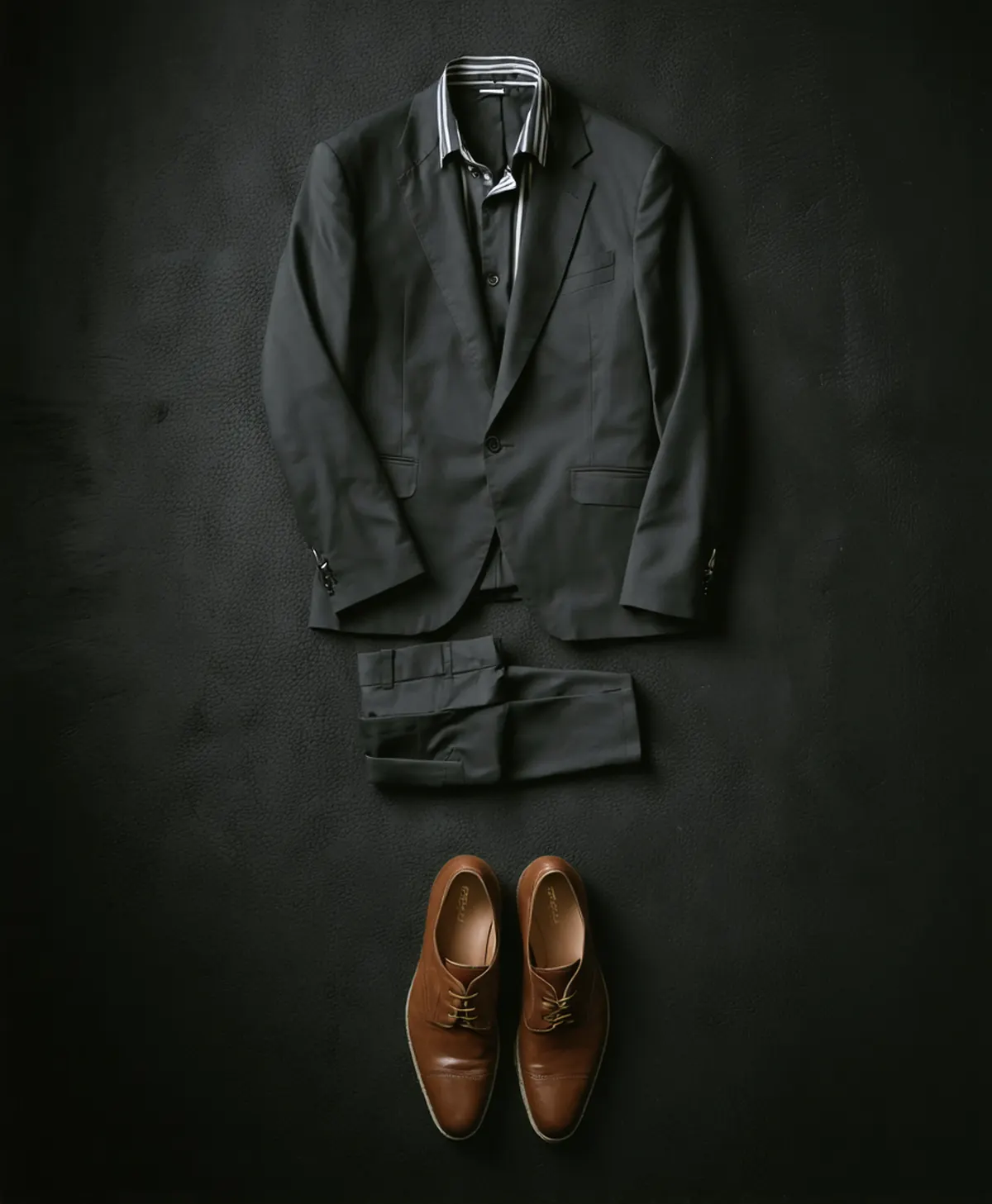 Dark garments laid out on a table, one red piece among them