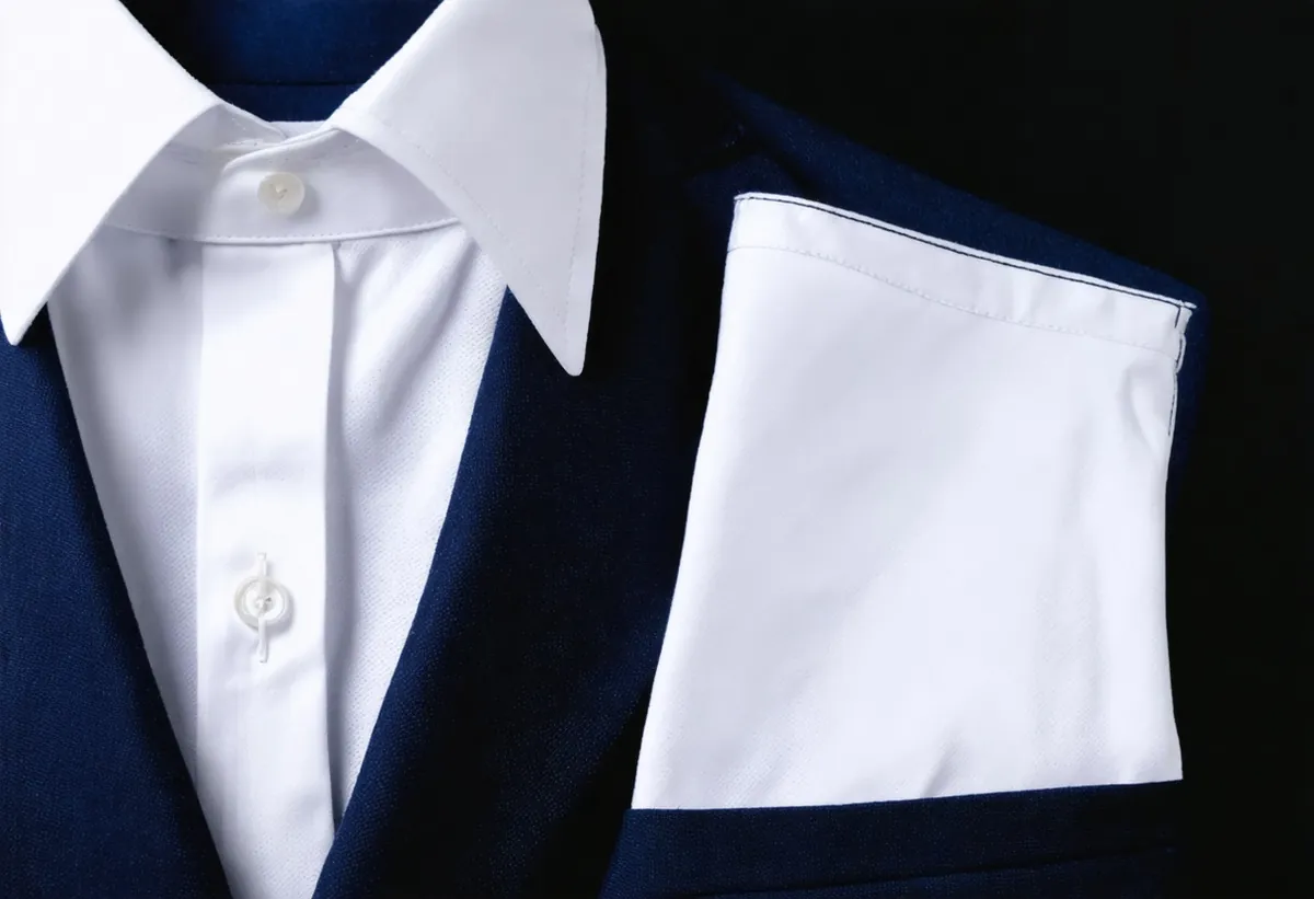 A pressed white shirt collar beside a folded navy blazer lapel