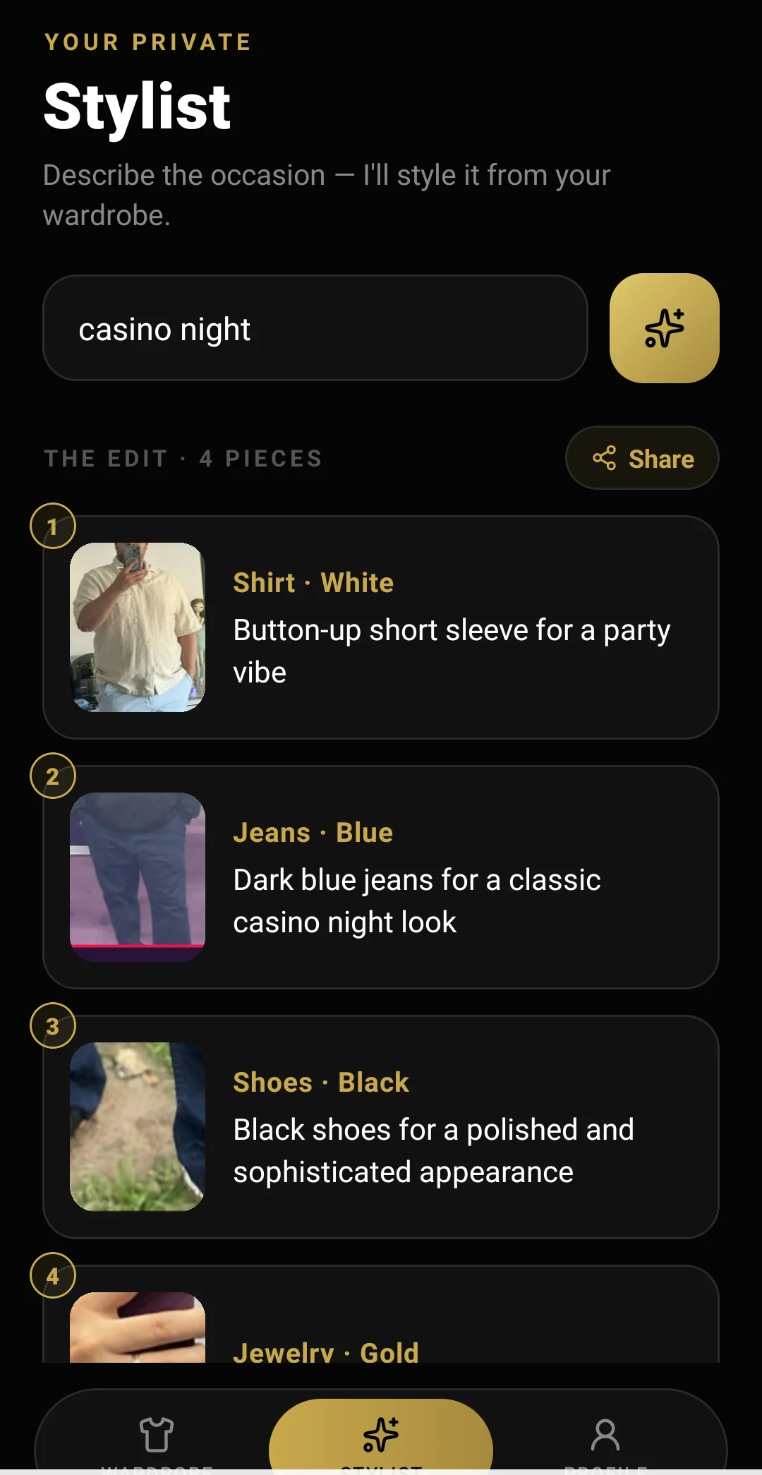 The Rate My Fit Now stylist screen after typing casino night, listing a white shirt, blue jeans, black shoes and gold jewellery