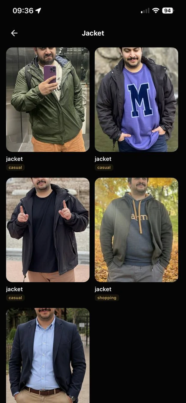 The Jacket category in Rate My Fit Now, showing individual jackets detected from different outfit photos, each tagged with an occasion.