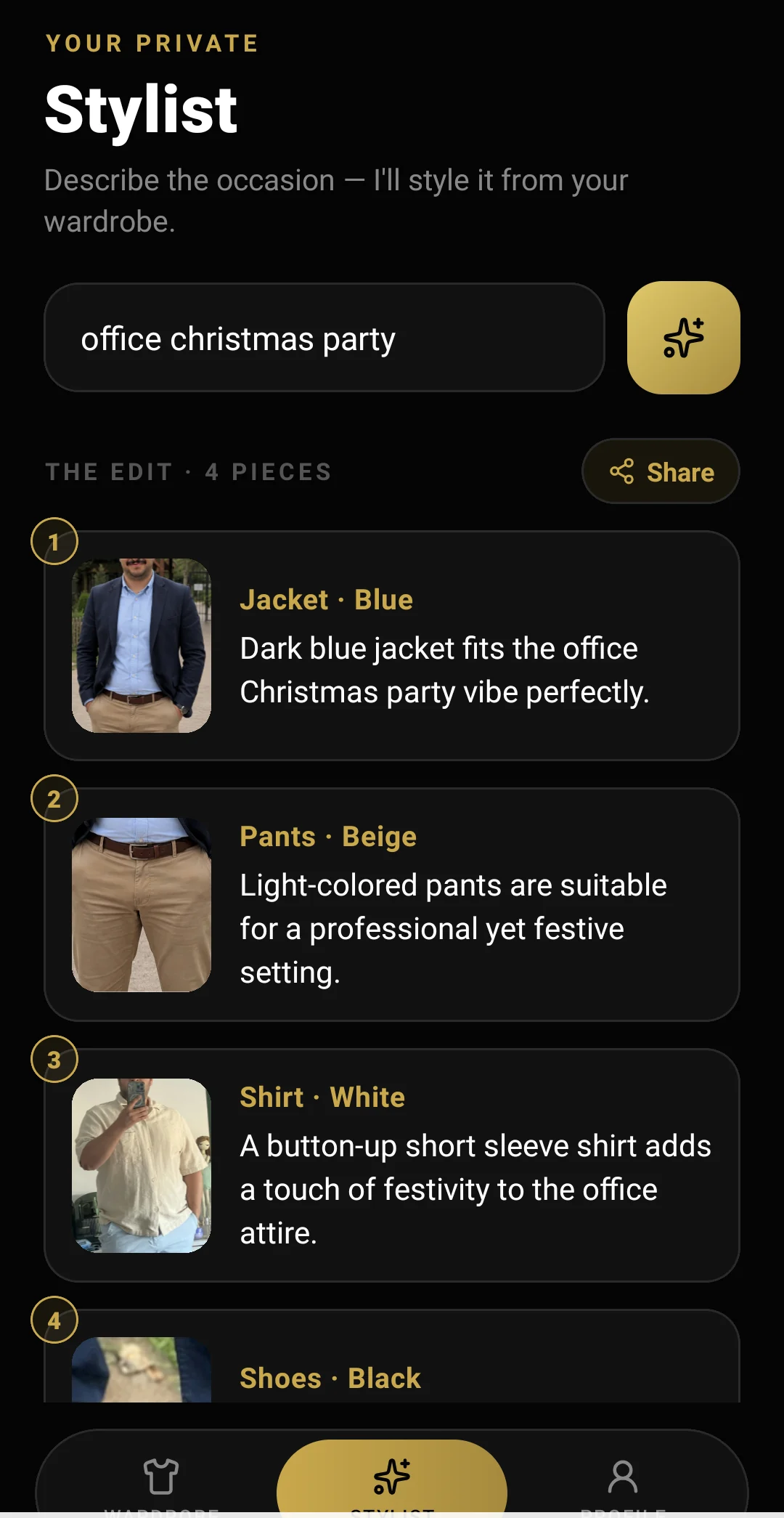 The Rate My Fit Now stylist screen after typing office christmas party, listing a blue jacket, beige trousers, a white shirt and black shoes
