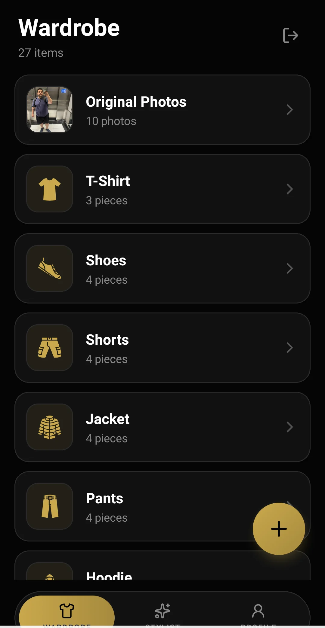 A wardrobe screen listing garment categories, each with the number of pieces filed under it