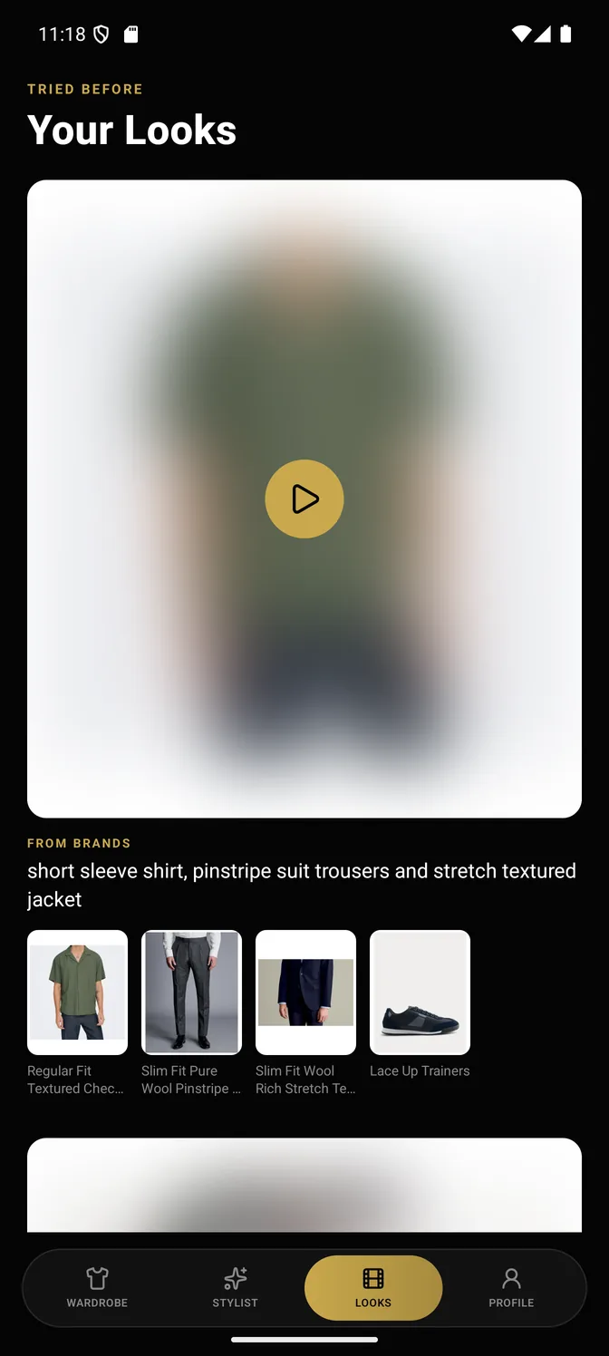The Looks tab in Rate My Fit Now: a five second clip of the wearer in the outfit the stylist picked, with the garments it was built from listed underneath.