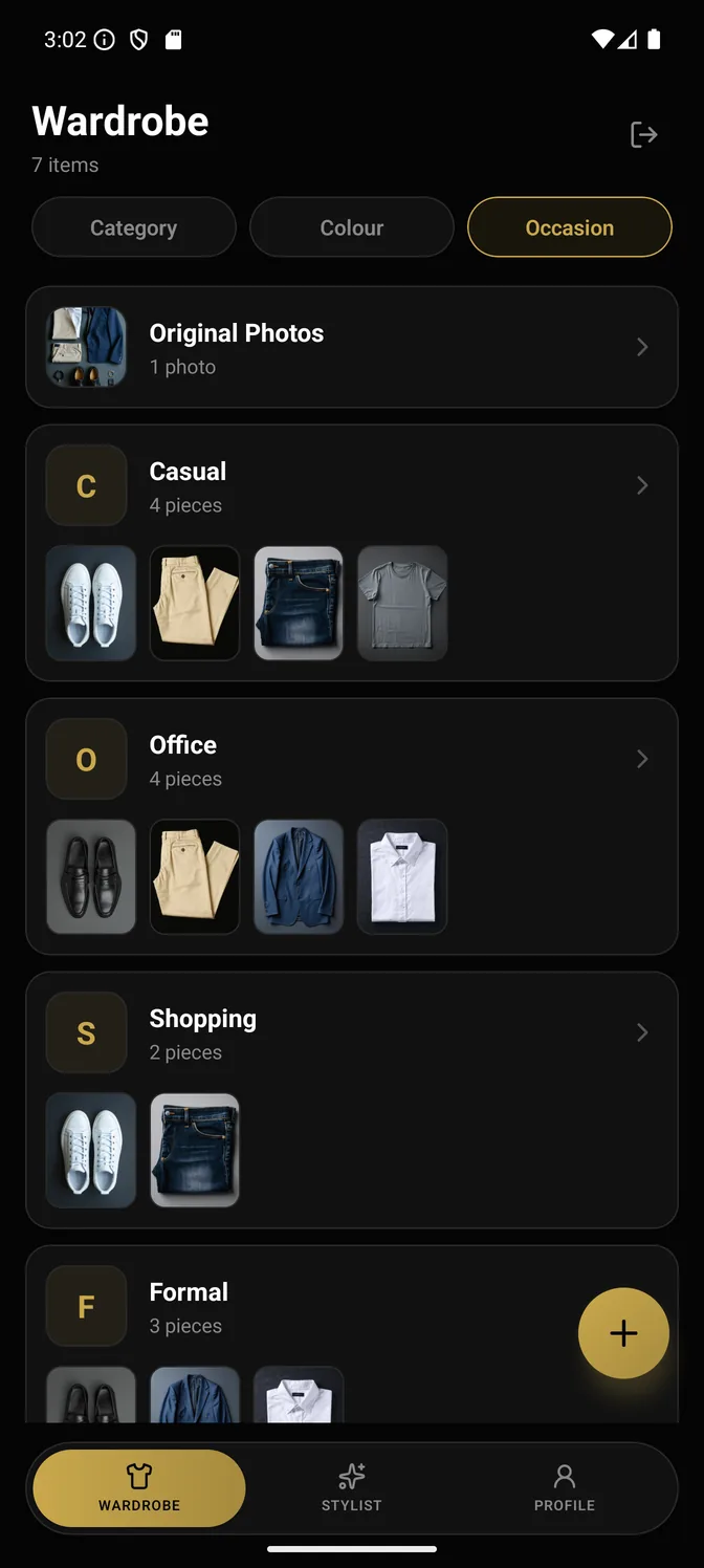 The Rate My Fit Now wardrobe screen, showing garment categories as folders with a count of pieces in each.